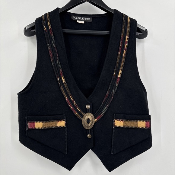 Medium Jackets & Blazers - Coloratura Vest Womens M Black 100% Wool Southwestern Conchos Pockets USA